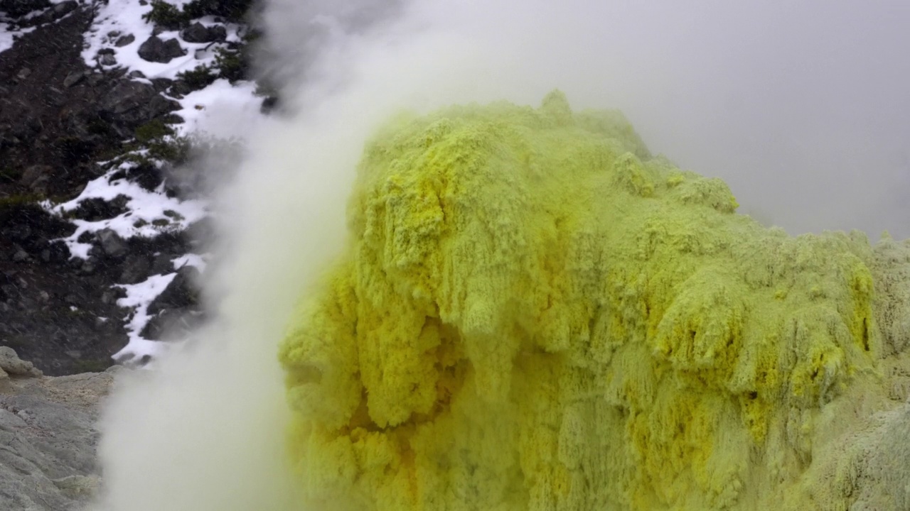 伊俄山火山景观在暴风雪期间冒烟的烟孔视频素材