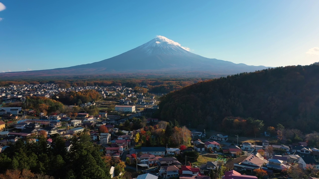 日本川口湖富士山日落时的无人机鸟瞰图4k视频。视频素材