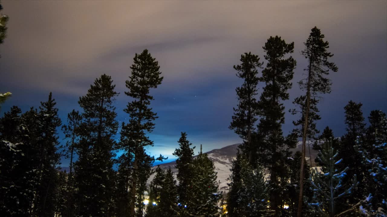 在多云的天空下，积雪覆盖的山脉旁的高大树木的时间延时锁定镜头-布雷肯里奇，科罗拉多州视频素材