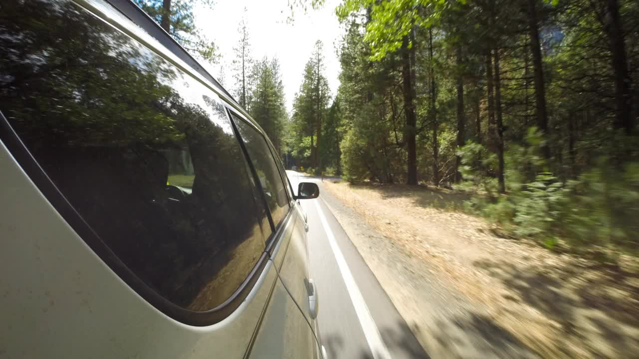 时间推移的观点汽车移动在道路上的绿色树木在森林-约塞米蒂，加利福尼亚州视频素材