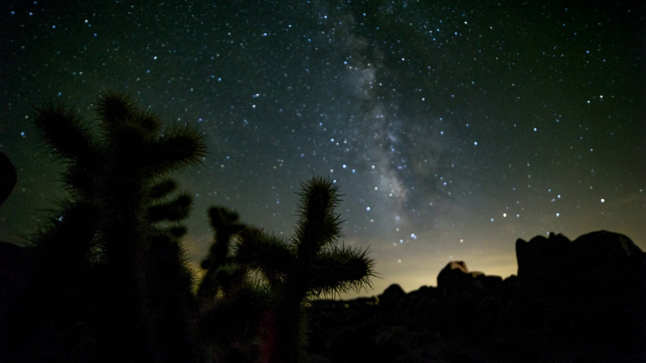 在夜间，发光的星星在岩石和植物上移动的剪影延时拍摄-约书亚树，加利福尼亚视频素材