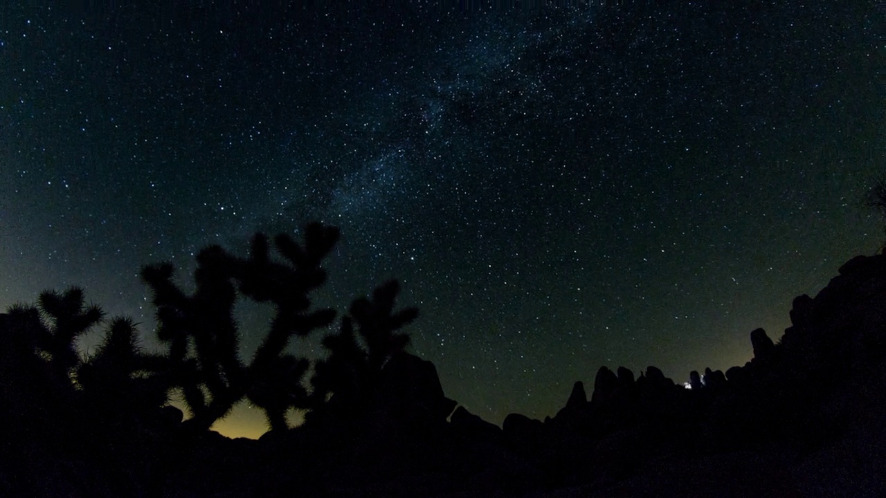 夜间，闪烁的星星在岩石和植物上移动的剪影——加利福尼亚州约书亚树视频素材