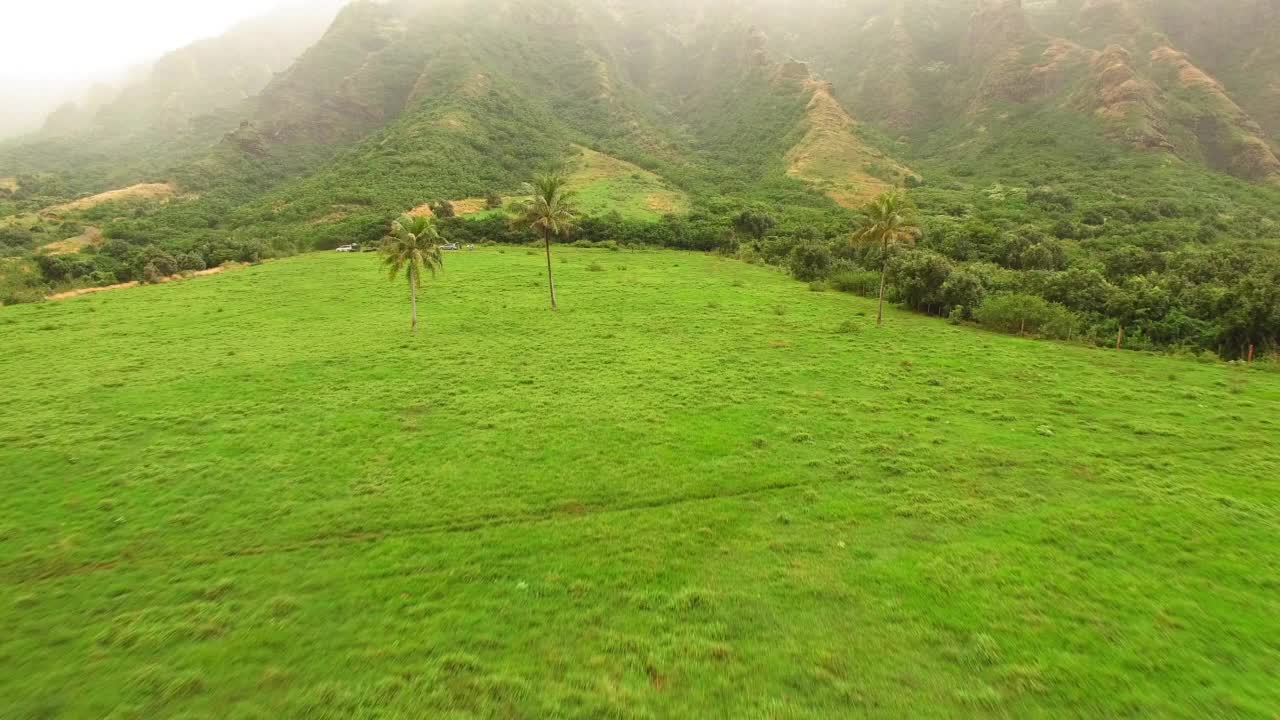 航拍:航拍的汽车通过绿色的岩层，无人机向前飞越岛屿景观-瓦胡岛，夏威夷视频素材