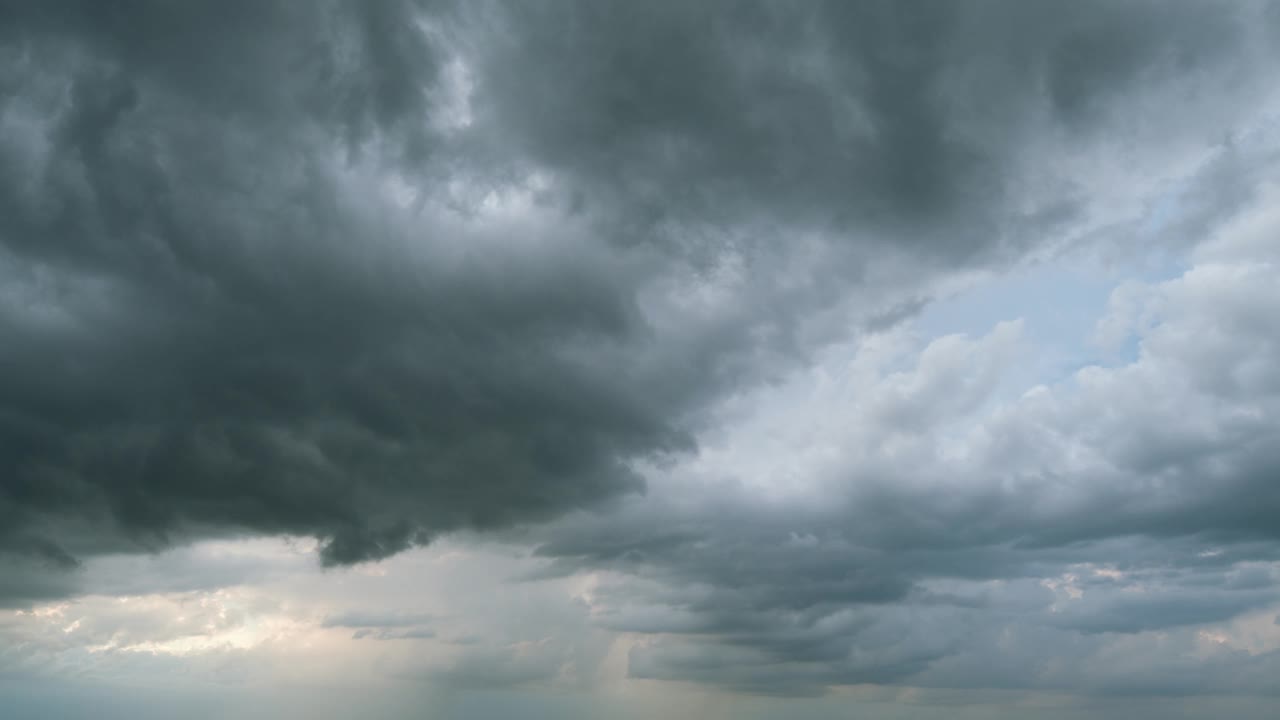 风暴前的天空。暴风雨多云天空宽全景。暴风雨多云的戏剧性的天空与暗雨灰色的积云和蓝色的天空。间隔拍摄。视频素材