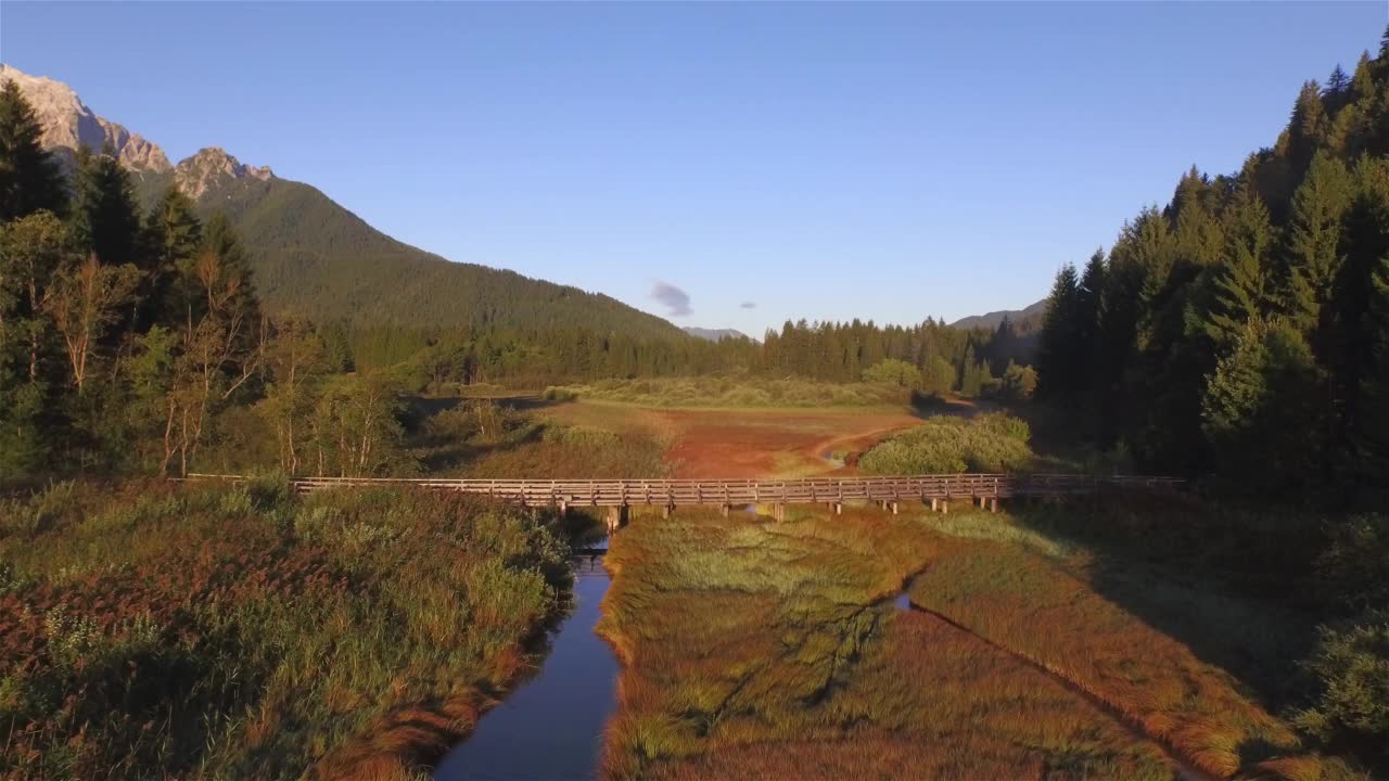 航拍:奇妙的秋季景观湿地与木桥在蜿蜒的河流视频素材