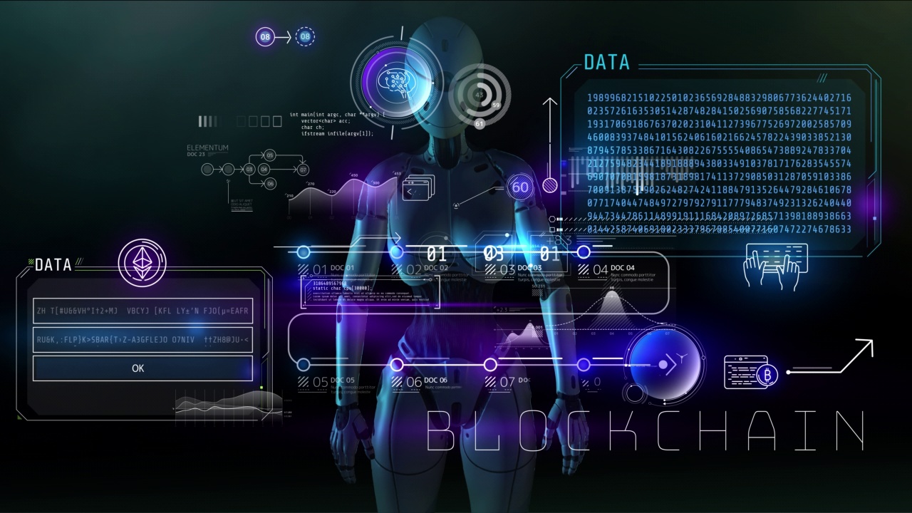 机器人在虚拟空间中与区块链一起工作，3D渲染。视频素材