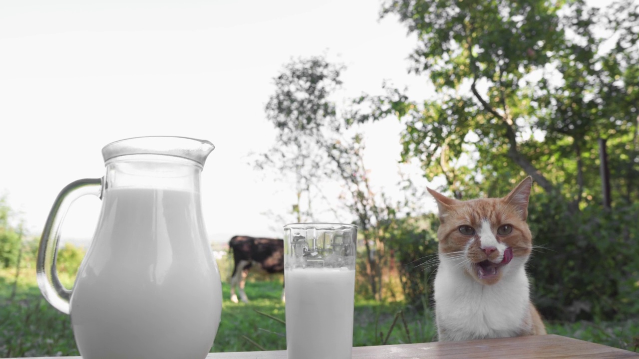 美味的早餐和猫粮。鲜奶装在玻璃瓶里，玻璃杯放在木桌上，背景是一头奶牛。一只猫在农村舔着喝着牛奶。农场的天然产品。视频素材