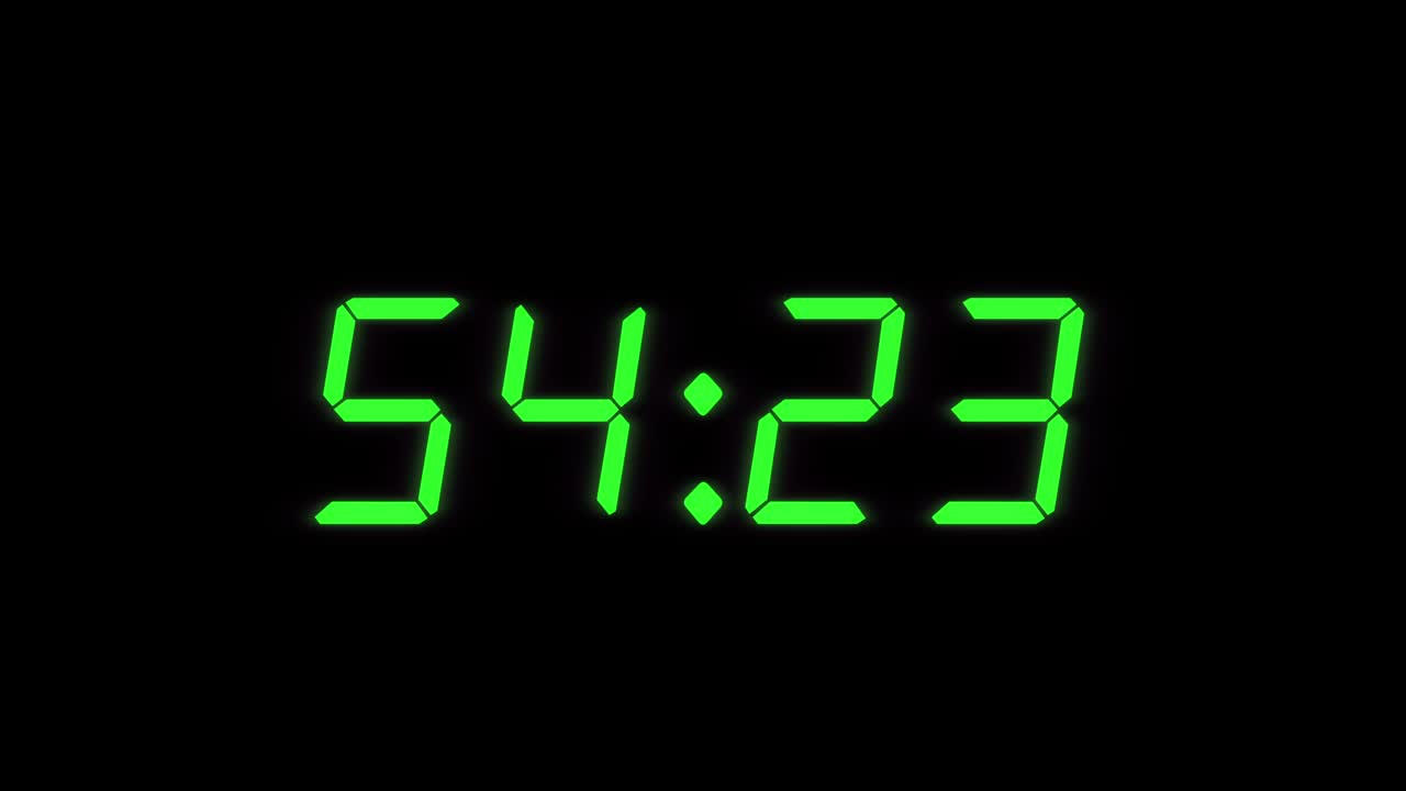 55秒数字闹钟倒数计时器。绿色数字，黑色显示。视频素材