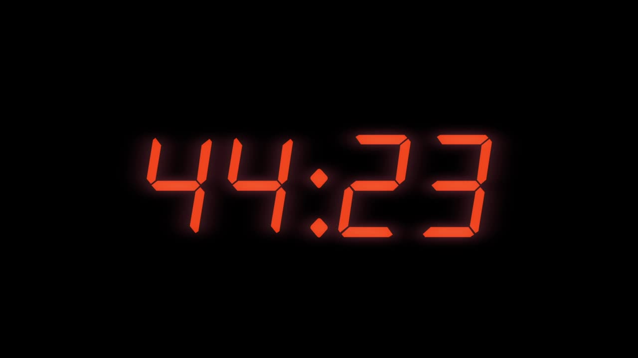 45秒数字闹钟倒数计时器。黑屏显示红色数字视频素材