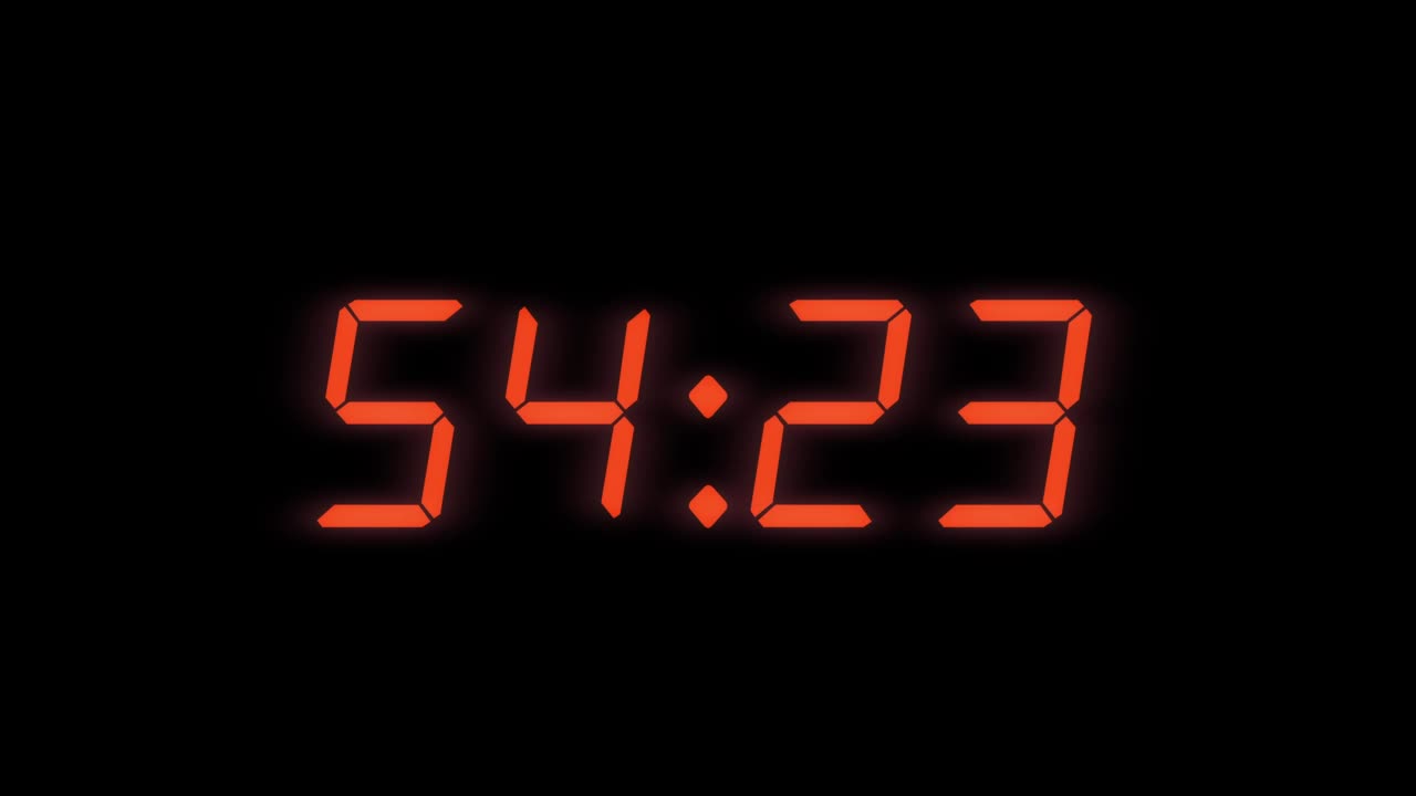 55秒数字闹钟倒数计时器。黑屏显示红色数字视频素材