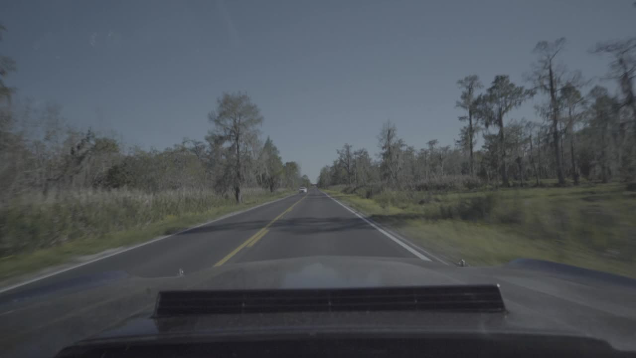 汽车在绿树成荫的双车道高速公路上行驶的广角移动pov直线向前视频素材