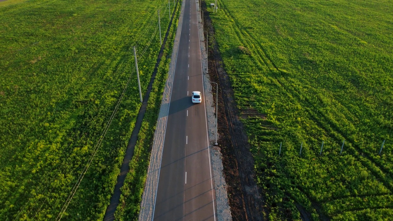 一辆白色汽车沿着柏油路行驶的鸟瞰图视频素材