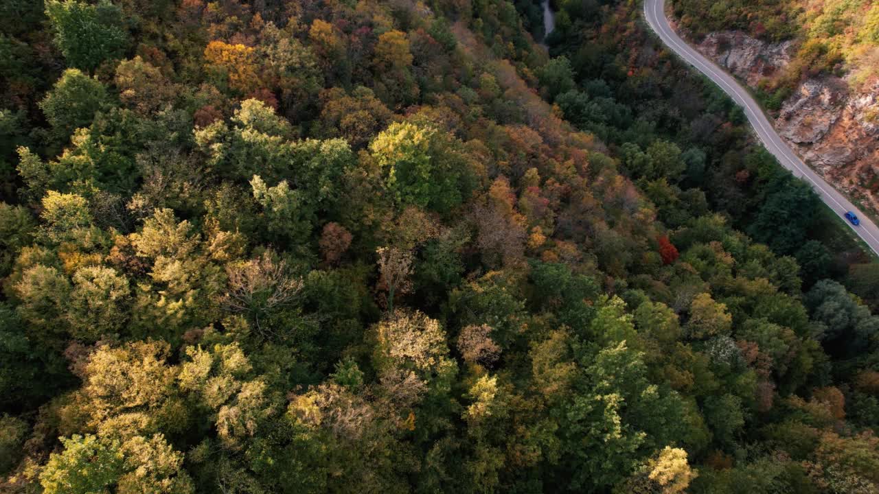 一条穿过峡谷的高速公路，峡谷上画满了秋色视频素材