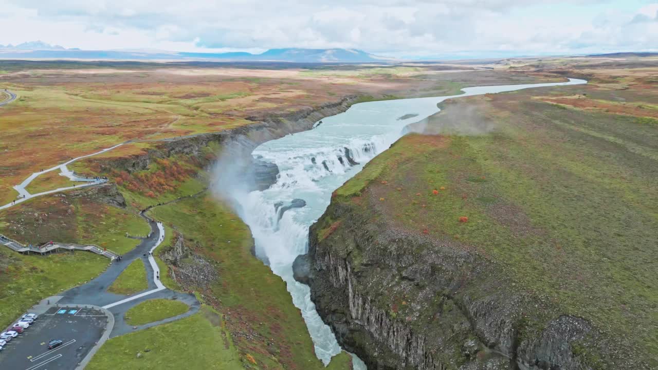 冰岛的Gullfoss瀑布和Hvítá河，鸟瞰图视频素材