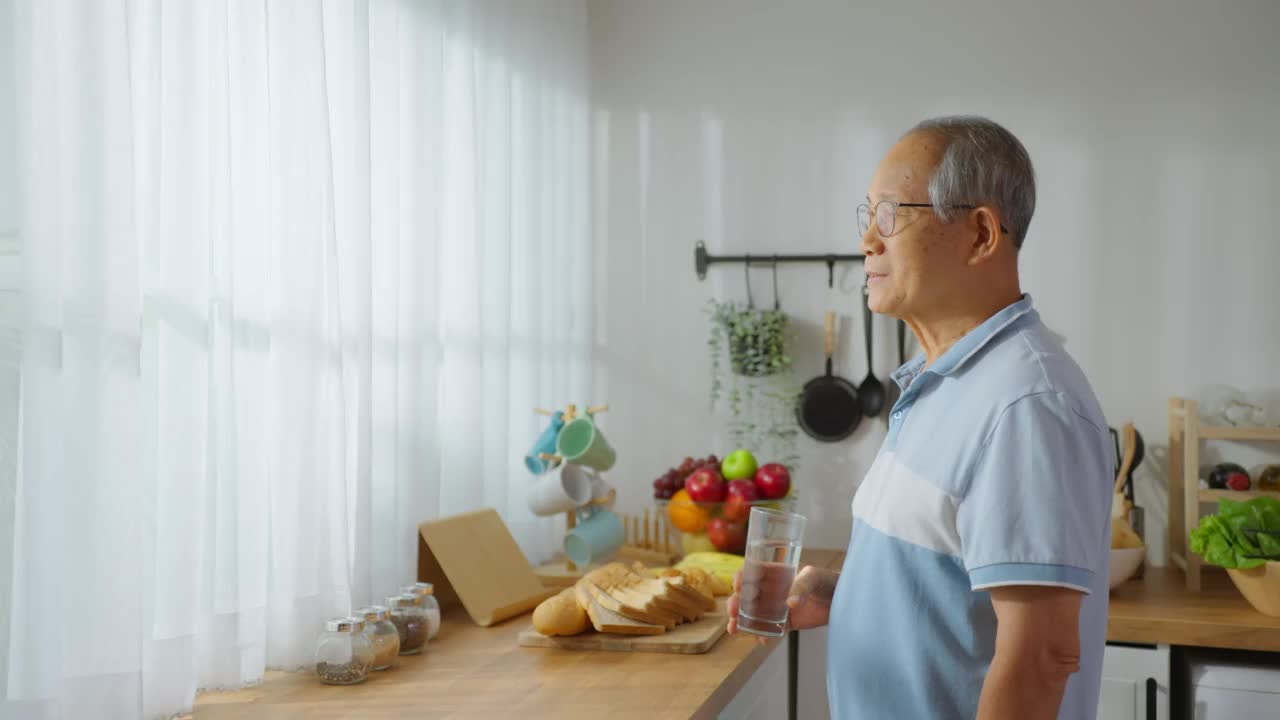 亚洲资深成熟男性在家里的厨房喝一杯水。有吸引力的老人，年长的爷爷，拿着清洁的矿物自然在杯子和睡眠在早上的健康幸福在家里。视频素材