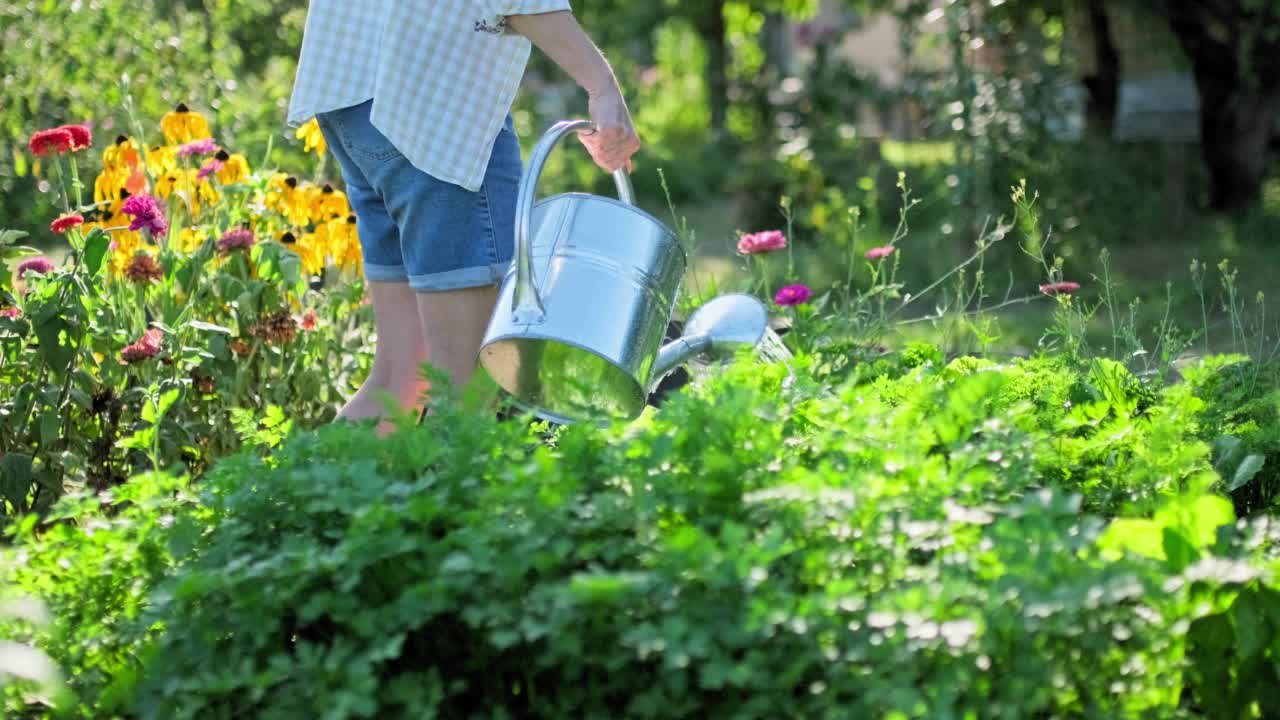 一个女人正在用喷壶给花园的床浇水视频素材