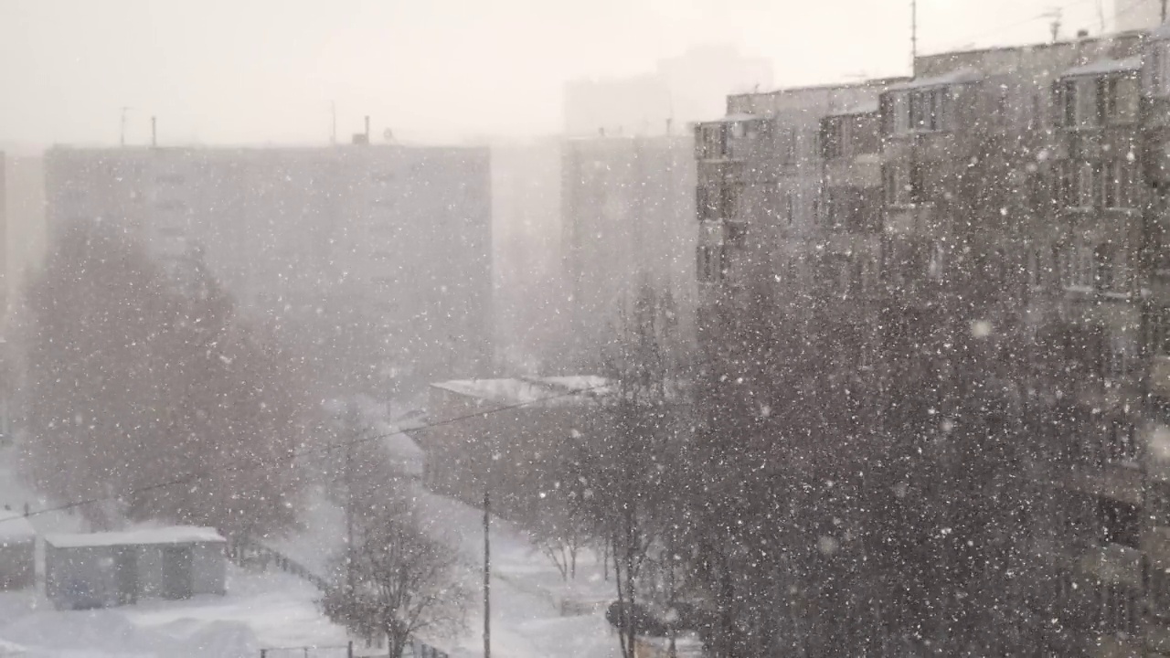 城市景观在大雪、暴风雪、暴风雪的街道上呈蓝色。视频素材