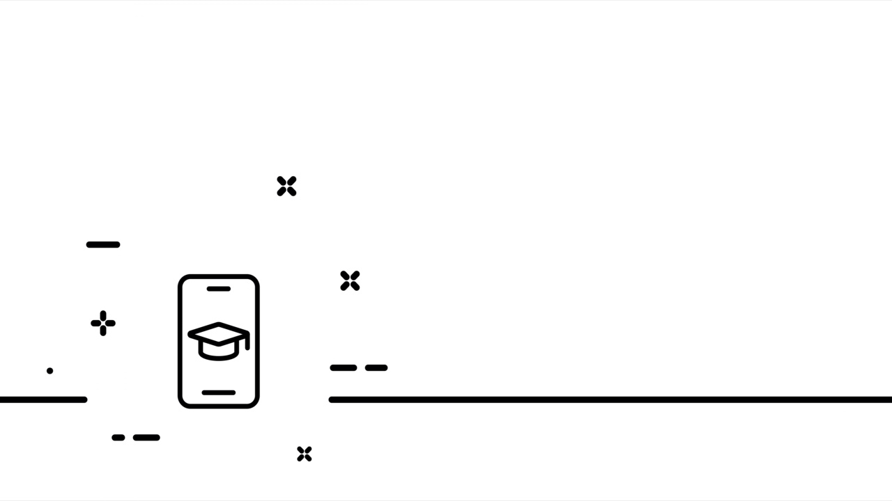 带有教育杯的手机。大学，老师，电子书，远程学习，学生，讲座，呆在家里。流行的概念。单线画动画。运动设计。动画技术的标志。视频4 k视频素材