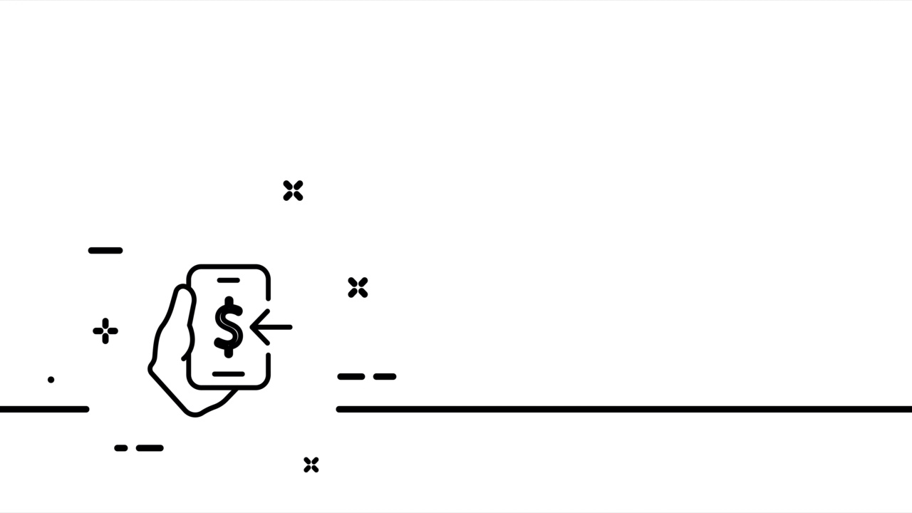 现金转移。手机与银行应用程序，美元符号，手，箭头，工资，收入，储蓄。财务管理的概念。单线画动画。运动设计。动画技术的标志。视频4 k视频素材