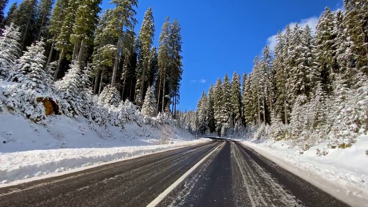 开车的观点在雪乡公路通过白雪覆盖的森林视频素材