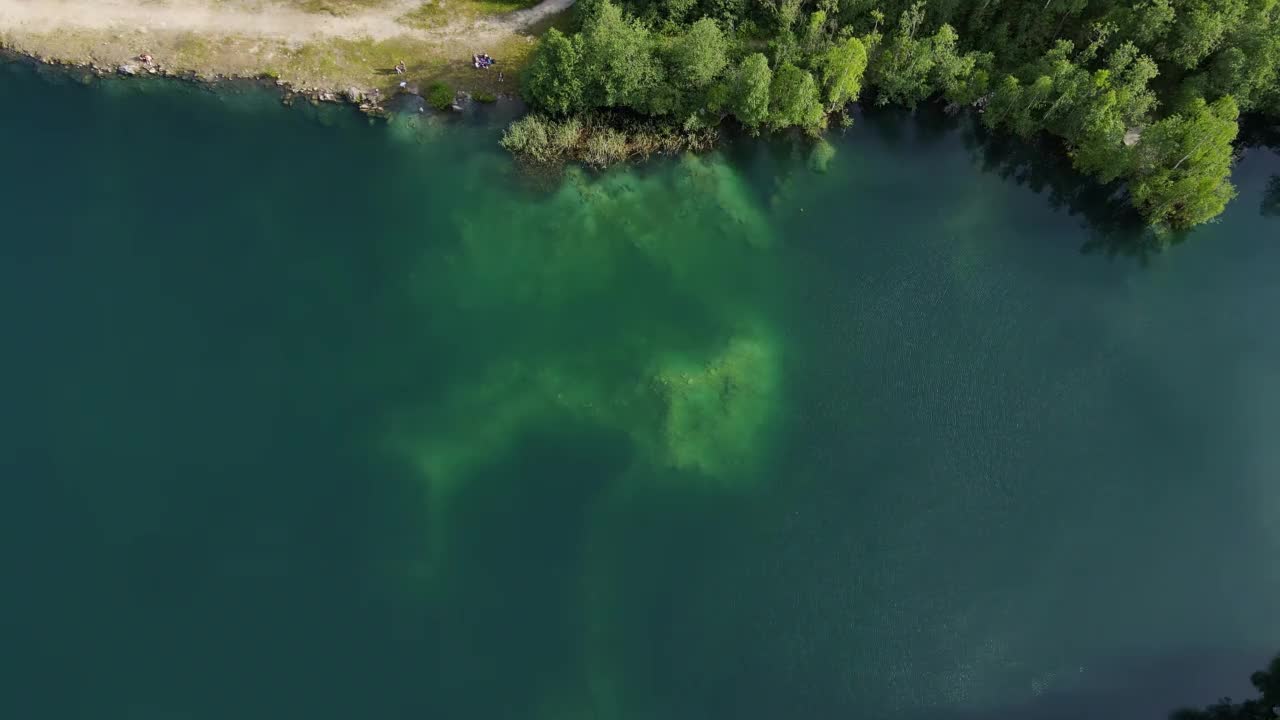 小船漂浮在湖面上，湖岸被针叶林覆盖视频素材