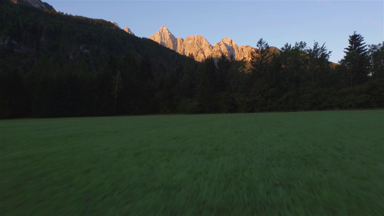 航拍:飞越阴凉的草地和云杉林，向阳光普照的高山飞去视频素材