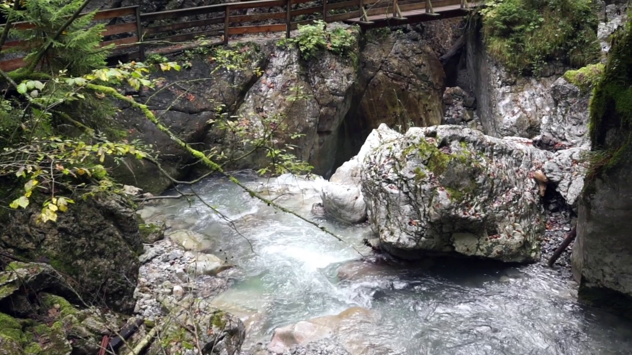 穿过峡谷的木桥，河水中漂浮着淡水视频素材