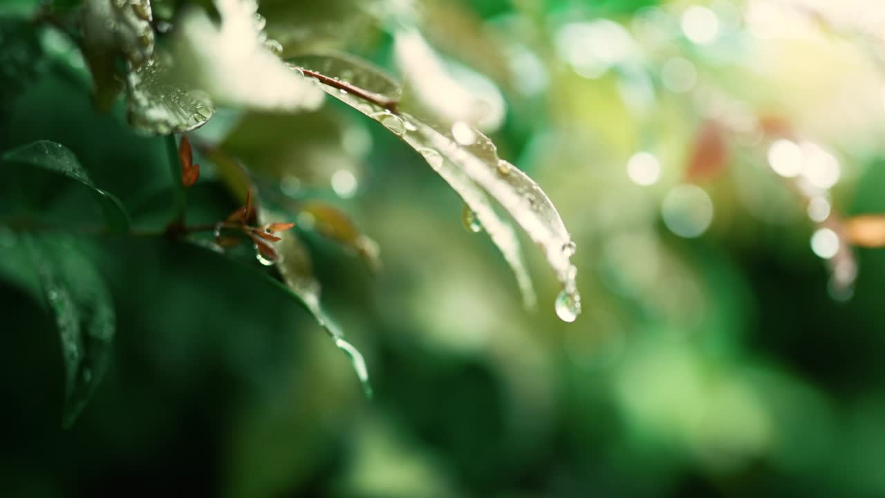 近景-雨后绿叶上的露珠视频素材