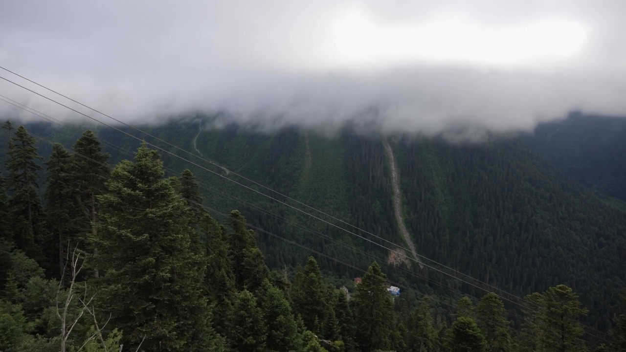 在大雾弥漫的夏日里，缆车可以穿过柬埔寨的针叶林和高山。视频素材