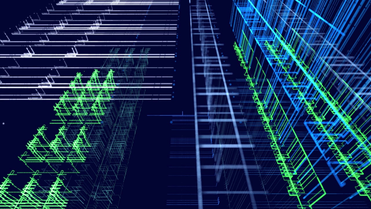 Vj环抽象科幻bg辉光粒子形成线、柱结构。高科技信息技术。线条形成全息图信息块，ai建筑光网格，信息概念节点。蓝色绿色视频素材