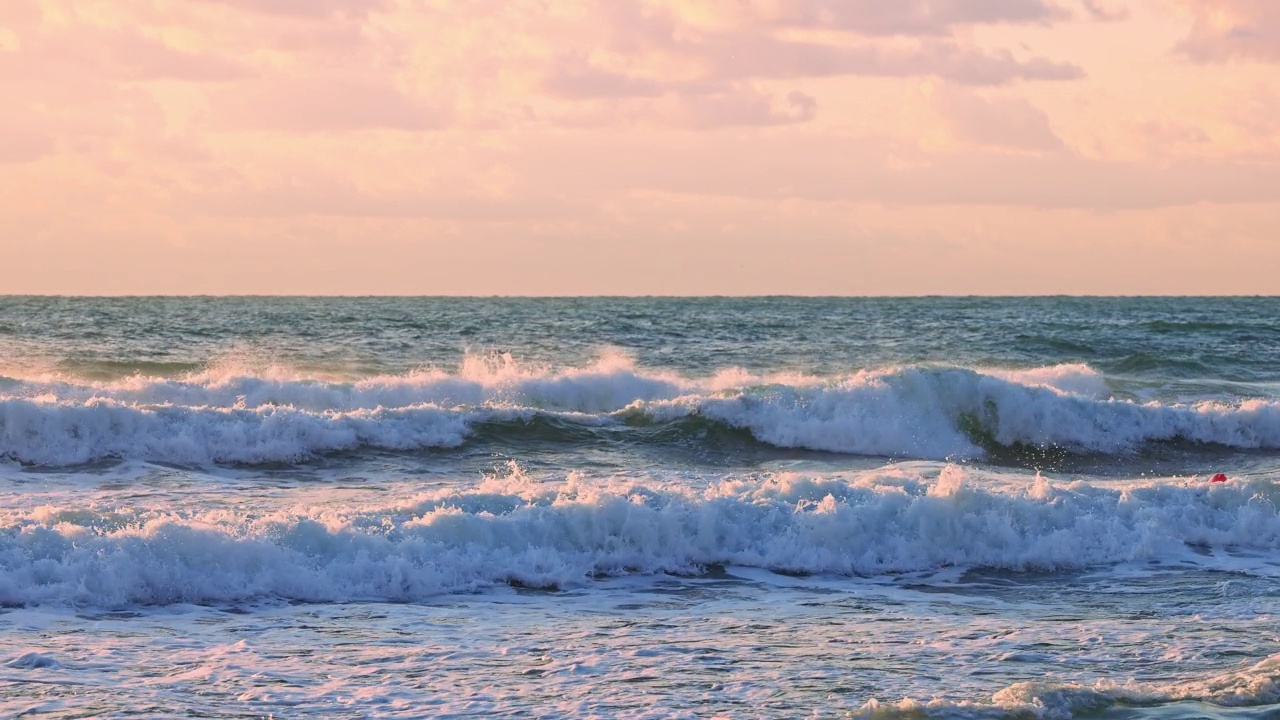 美丽的日出在翻滚的海浪上，飞翔的鸟儿在水面和海滩上，自由和和平的早晨视频素材