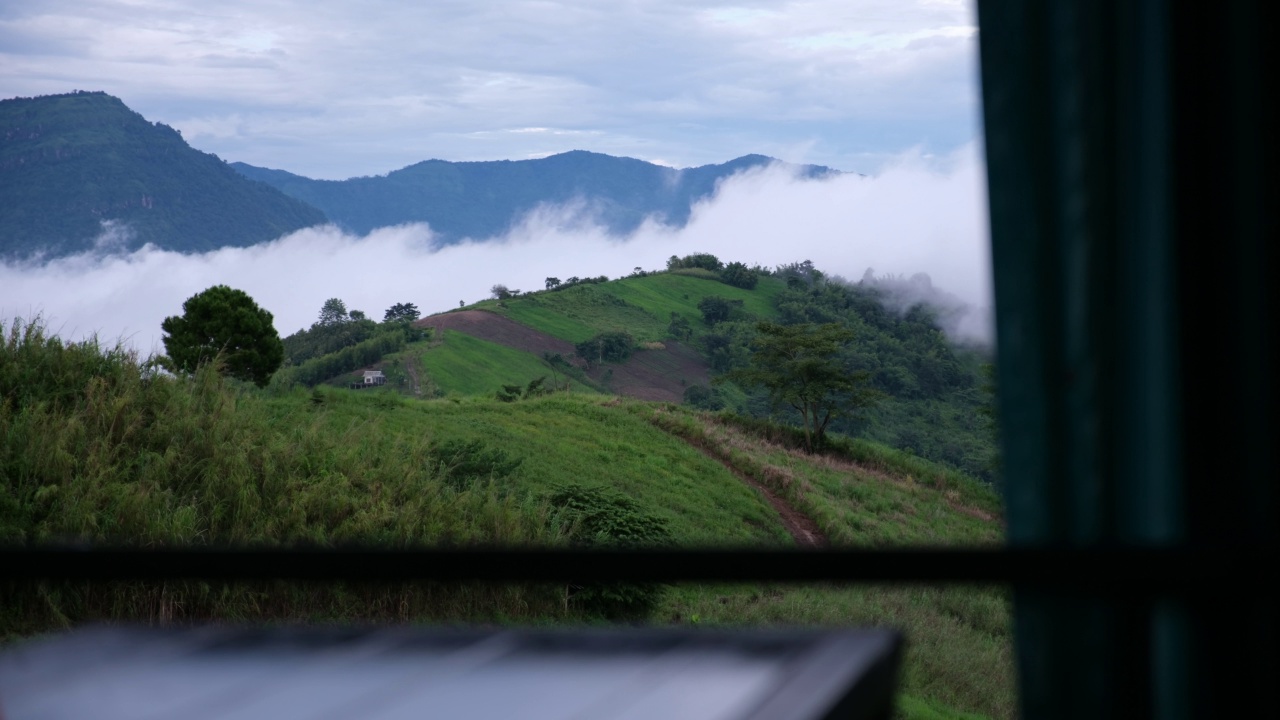 雾在绿色的雨林和山丘上缓慢移动视频素材