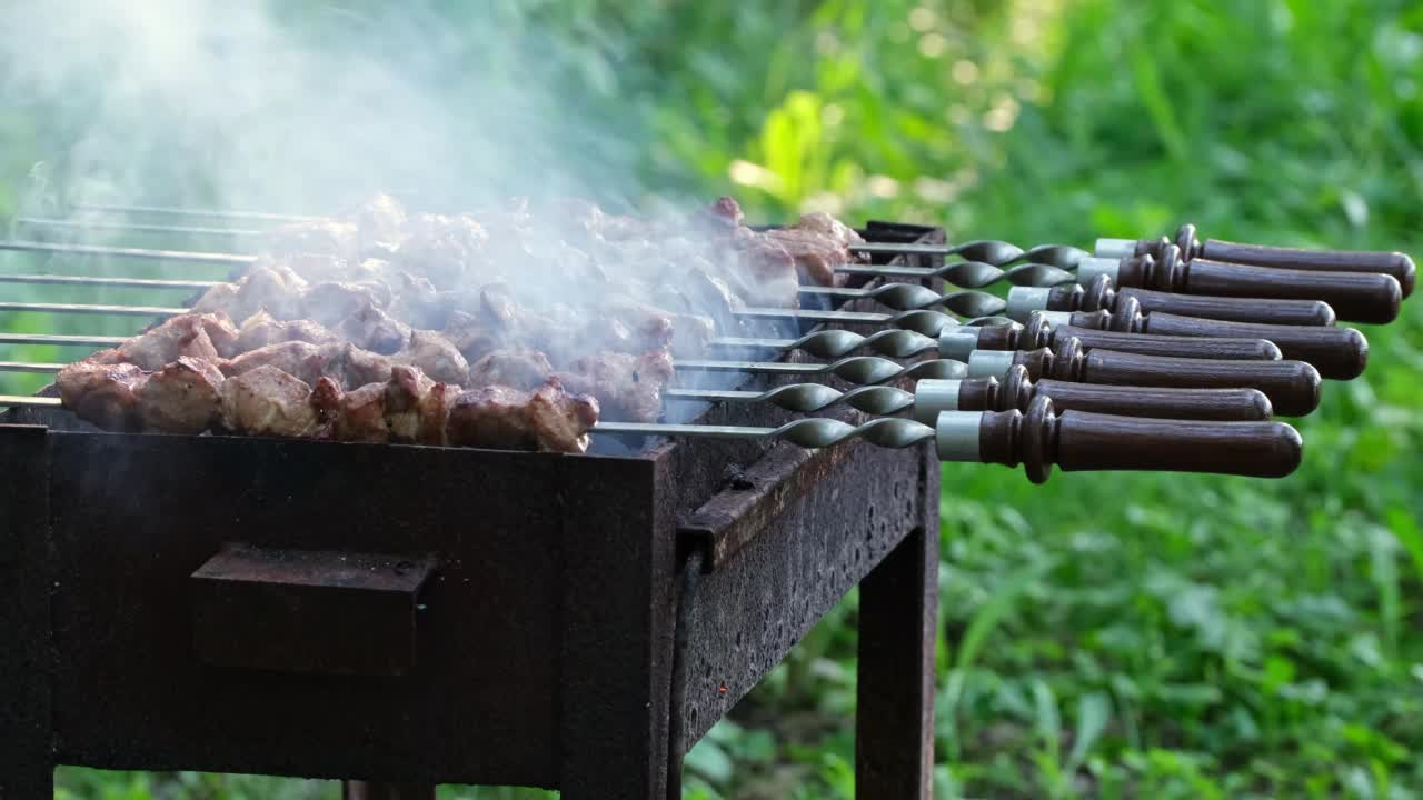 在炭和火上烤熟的肉。烤猪肉，羊肉，烤肉串，烤肉串。街头食品视频素材