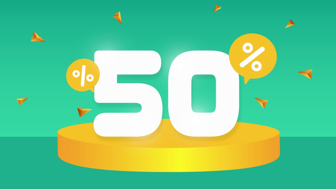 打50%。折扣创造性的成分。3d销售符号与装饰对象，讲台。促销横幅及海报视频素材