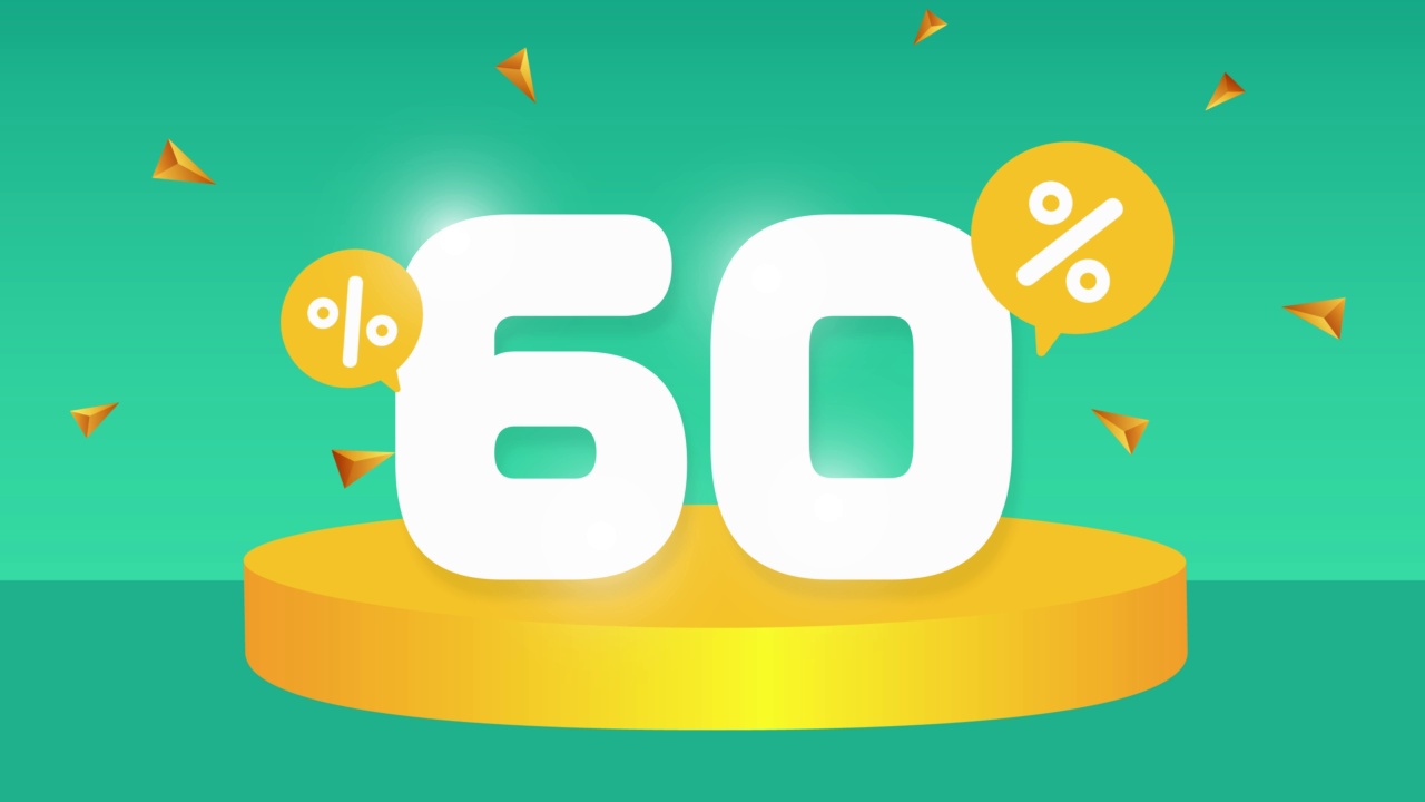 打60%。折扣创造性的成分。3d销售符号与装饰对象，讲台。促销横幅及海报视频素材