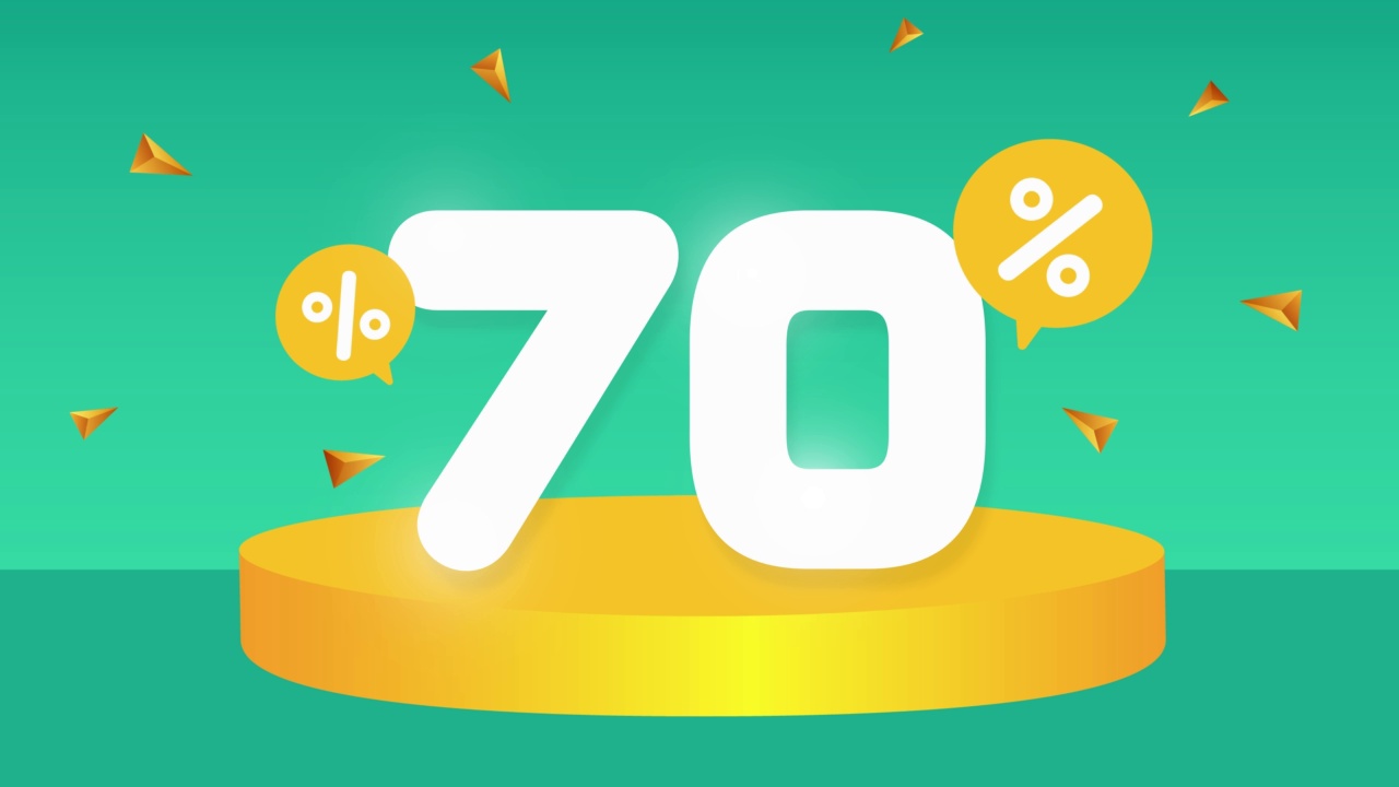 打70%。折扣创造性的成分。3d销售符号与装饰对象，讲台。促销横幅及海报视频素材