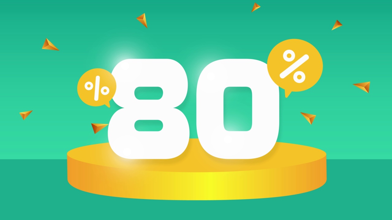 打80%。折扣创造性的成分。3d销售符号与装饰对象，讲台。促销横幅及海报视频素材