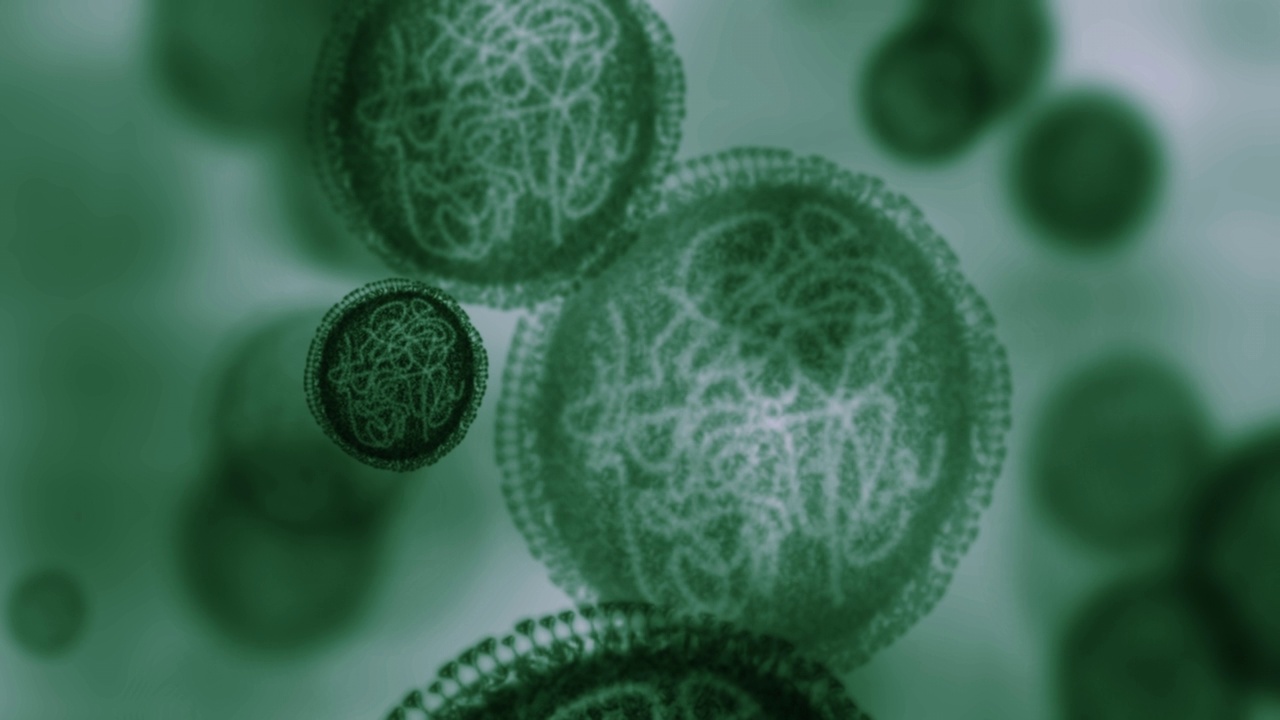 新冠肺炎、癌症和保健疫苗的显微镜细菌、病毒、粒子、分子和dna科学研究。放大实验室背景，医学研究创新和绿色化学分析视频素材