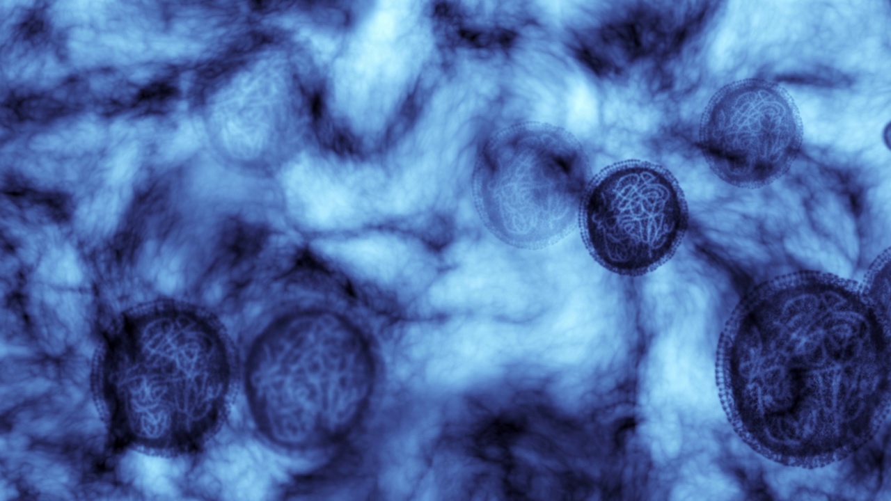 在实验室、科学室或研究医院进行细胞、细菌或癌症的显微镜研究。放大covid粒子、未来医疗保健分析或模式纹理背景视频素材