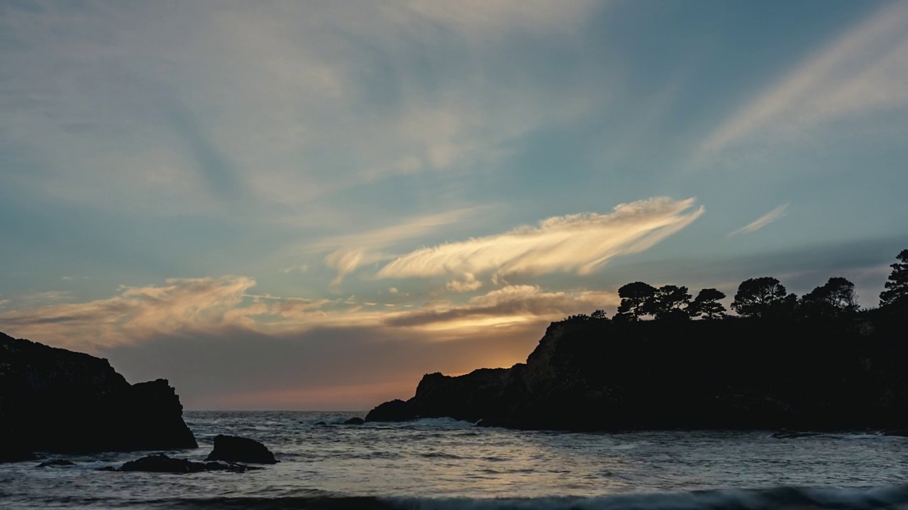 美丽的日落与海岸线上岩石的剪影-时间流逝
鹿角湾，Little River, California, USA视频素材