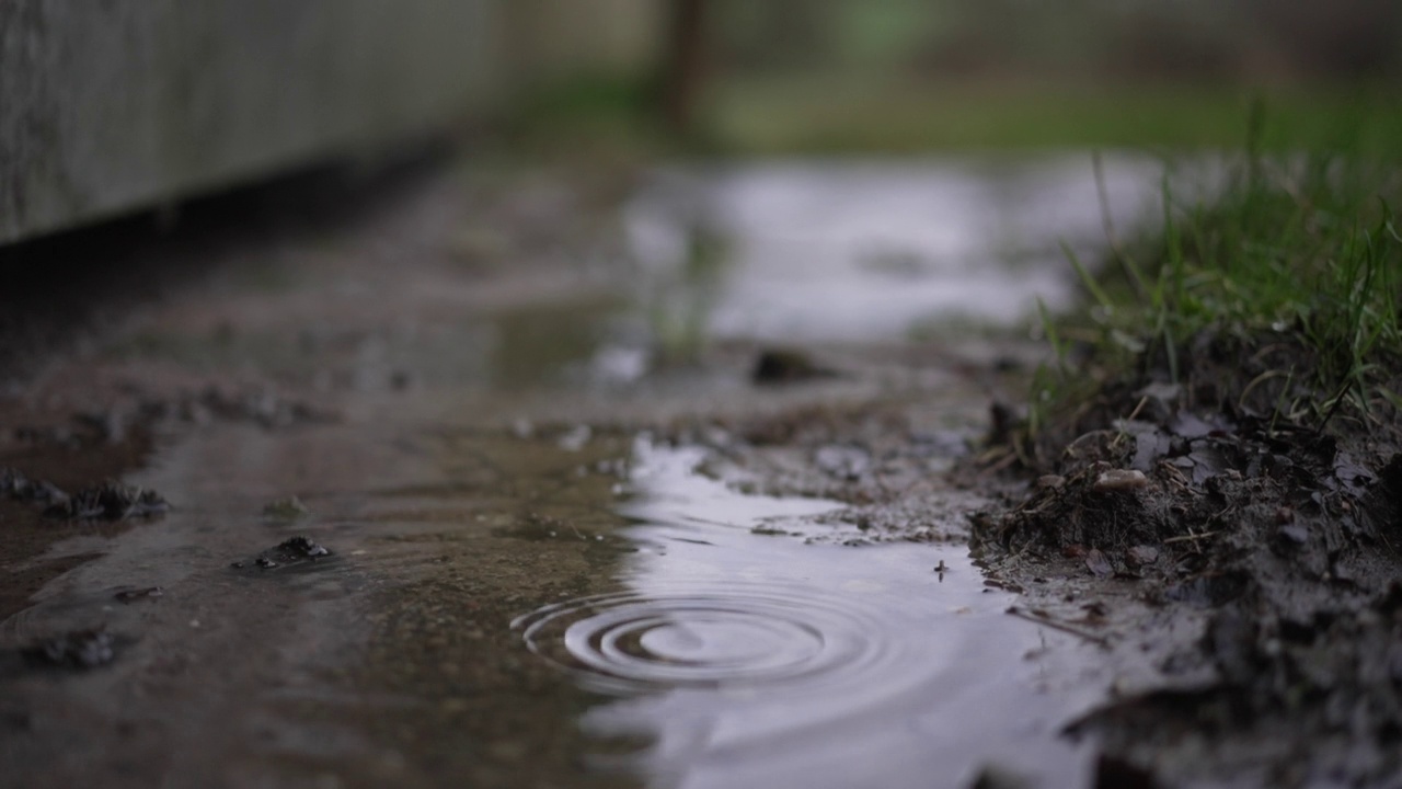 雨滴落在泥泞的水坑里视频下载