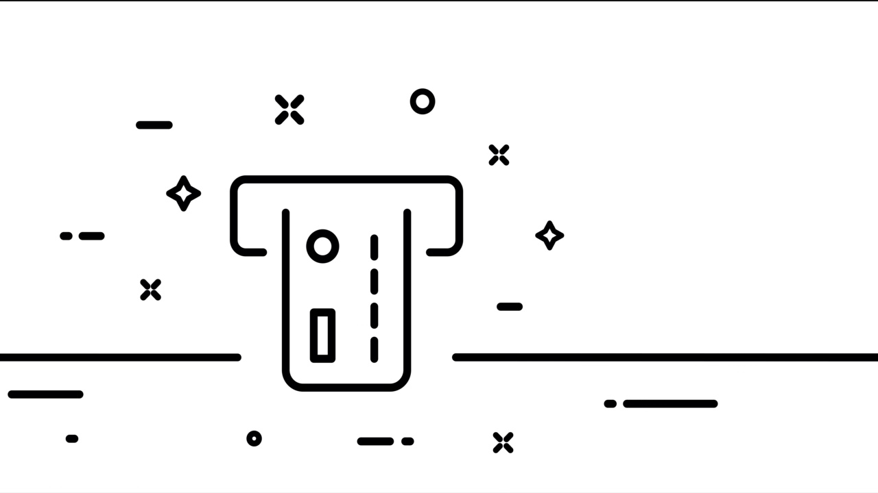 有银行卡的自动取款机。财务管理，收银机，无现金支付，工资，预支现金。经营理念。单线画动画。运动设计。动画技术标志。视频4 k视频素材