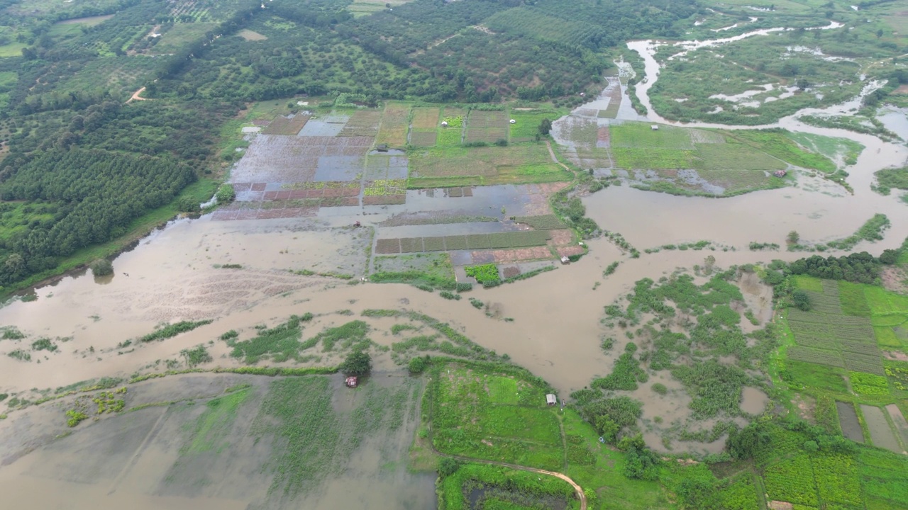 从空中俯瞰泰国北部被洪水淹没的农场视频素材