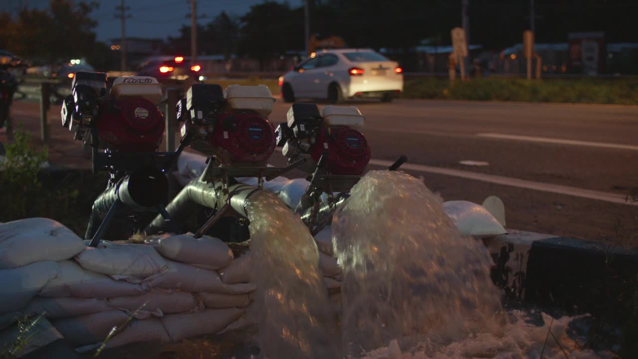 水泵用于解决城市道路夜间洪水问题视频素材