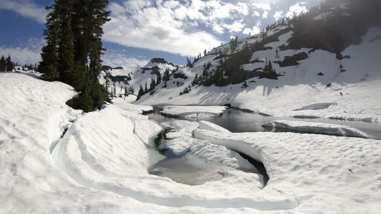 结冰的河流被雪覆盖，背景是山和冷杉树视频素材