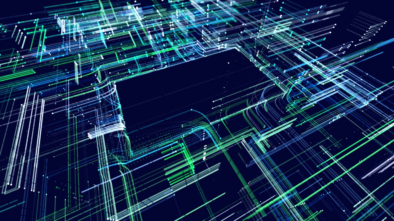 线条构成全息图信息块、ai建筑光网格、信息概念线和节点。大数据字段。高科技信息技术。Vj循环蓝色绿色抽象背景科幻主题视频素材