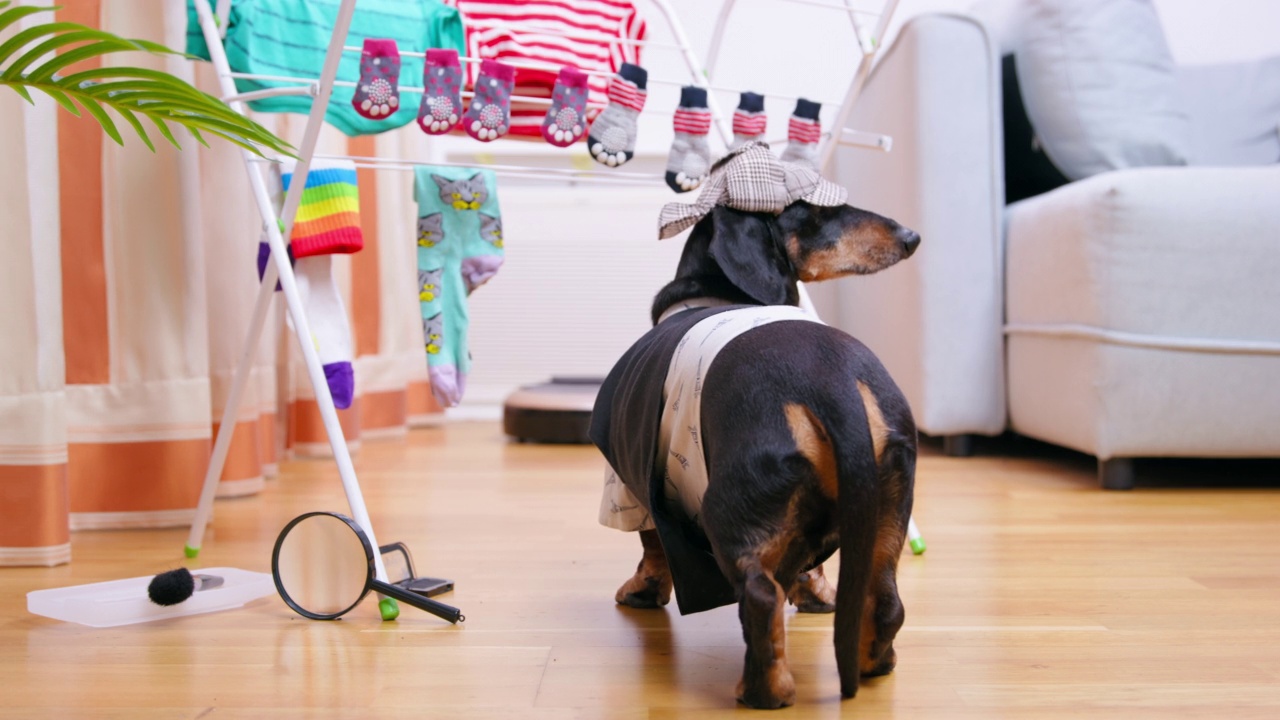 穿着侦探服的腊肠犬检查了宠物袜子，然后跑开了。视频素材