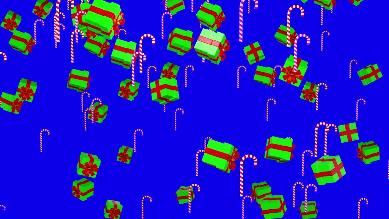 落下的黎明糖果拐杖和呈现孤立的蓝色背景3d渲染。绿色和红色的礼物和棒棒糖。节日概念与糖果棒糖果为圣诞节或圣尼古拉斯日视频素材