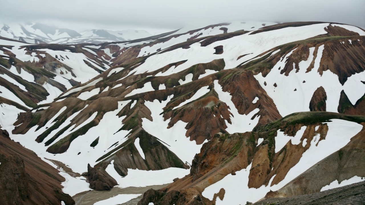 冰岛高地布拉恩朱库尔小径上的火山山脉风景，夏天积雪覆盖视频素材