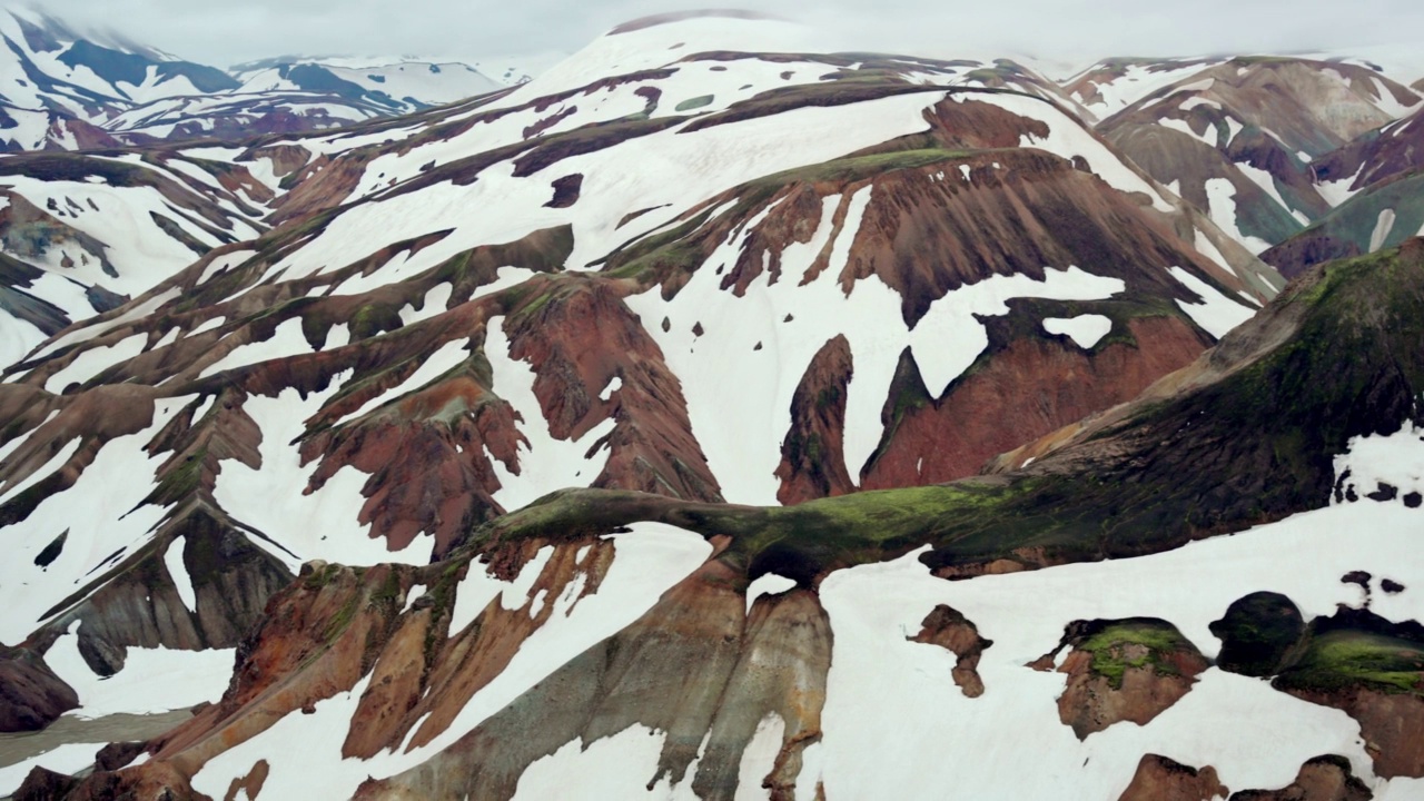 冰岛高地布拉恩朱库尔小径上的火山山脉风景，夏天积雪覆盖视频素材